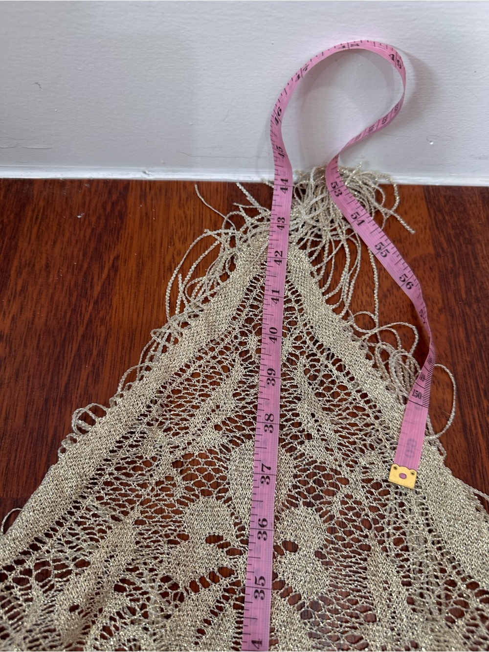 Bohemian Fringe Open-Front Knit Pashmina - Gold/Beige Floral pattern. Festival. - Picture 11 of 11